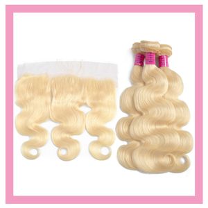 Indian Human Hair Body Wave 3 Bundles With 13X4 Lace Frontal 613# Blonde Color 100% Human Hair Extensions With Frontal Baby Hair Blonde