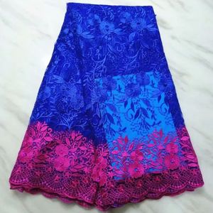 5Yards/pc Fashon royal blue and fuchsia flower french net lace embroidery with beads african mesh lace fabric for dress BN124-6