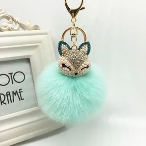 Inverno falso coelho pele bola chaveiro com strass cabeça de raposa chaveiro pompom fofo chaveiros cristal para women305s