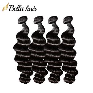 4st/parti brasilianska hårförlängningar peruanska obearbetade 8a mänskliga hårbuntar väv inslag löst djup våg naturlig svart färg bellahair lång längd bunt