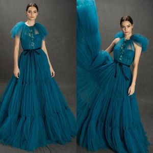 Nowe Prom Dresses Ruffles Jewel Neck Tulle Suknie Wieczorowe Plus Size Plaża Afryki Dress Rates de Soirée