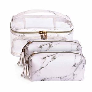 Marmor Mönster Makeup Bag Set Portable Gold Zipper Vattentät Transparent Travel Storage Peå