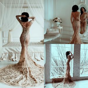 Champagne Mermaid Long Sleeve Wedding Dresses Scoop Backless Appliques Sweep Train Bridal Gowns Plus Size Saudi Arabic robe de mariée