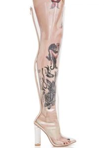 Die überkniefreien Frauen Clear Versand 2019 PVC Fashion Sockenstiefel Ferse Lange sexy Oberschenkel hohe Plünderung Punkte Zehen Größe 34-43 365