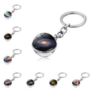 Double Side Glass Ball Keychains Chain Fashion Round Keyrings Charm Key Rings Galaxy Planet Art Picture Pendant Universe Jewelry Accessories