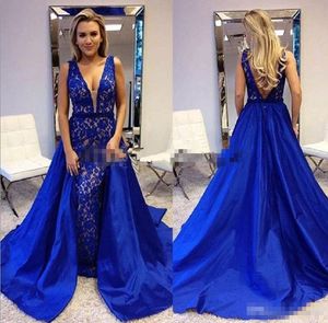 Sexy Deep V Neck Royal Blue Prom Dresses Mermaid with Overskirt Elastic Satin Lace Beaded Backless Custom Made Formal Evening Gowns