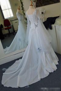 Vintage Celtic Wedding Dresses A Line Long Juliet Sleeves Lace Up Back Hand Made Flowers Scoop Neck Custom Made Sweep Train Weddin224l