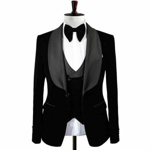 Latest Men's 3 Pieces Prom Black Velvet Dinner Groom Tuxedos Wedding Formal Blazer Best Man Lapel Men Suits (Jacket+Vest+Pants)