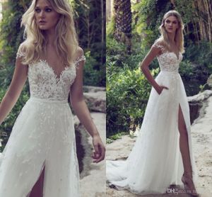 Lace Beach sexy Boho kleidet sich von der Schulterseite aufgeteilte Party Brautkleider Sweep -Zug Plus Größe Hochzeitskleider maßgeschneidert gemacht