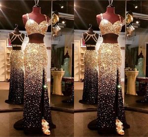 2020 Glitter Gold Crystal Evening Prom Dresses With High Thigh Slit Spaghetti Keyhole Back 2 Piece Dresses Evening Wear Saudi Arabic Girls