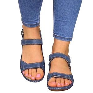 Floopi Sandaler för kvinnor Söt Open Toe Wide Elastic Design Sommar Comfy Faux Leather Ankelband w / Flat Sole Memory Foam 35