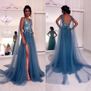 Stunning Lace Backless Prom Dresses V Appliqued Side Split Formal Dress A Line Sweep Train Tulle Plus Size Evening Gowns