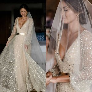 Lśniący A Line Light Gold Wedding Suknianta długie rękawy V Cequinia cekinowe suknie ślubne bez pleców Vestido de novia227n