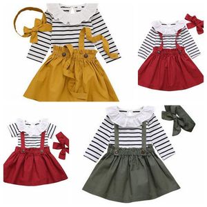 Baby Girl Summer Clothing Set Girls Striped T-shirt Suspender kjol Bow Hair Band 3st Set Kids Ruffled Collar Shirt Sling kjolar Zyqa470