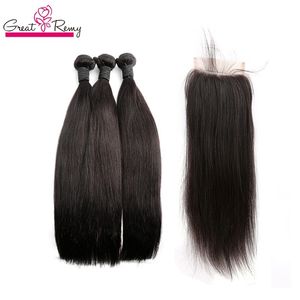 Greatremy 100% Malaysian Human Virgin Hair Bundles With Lace Closure Silky Straight Natural Color Hair Wefts with Top Lace Closure 4x4