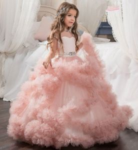 Neue billige Blumenmädchenkleider für Hochzeit Rouge rosa Ballkleid Kappe