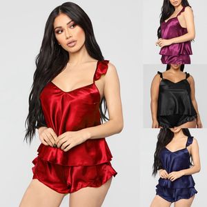 Bras set 2pcs Sexig sommarunderkläder Satin Slik Kvinnor Sleepwear Toppar Ruffles Shorts Nightwear Set S-XXL