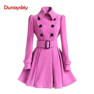 Red Wool Women Coat Winter Overcoat Double Breasted Belt Slim Jacket Female Fashion Black Casual Outerwear Vintage Coat Overcoat