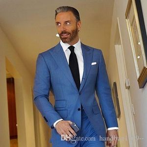 High Quality Two Button Blue Groom Tuxedos Man Prom Business Suits Blazer Mens Wedding Party Clothes (Jacket+Pants+Tie) D:3