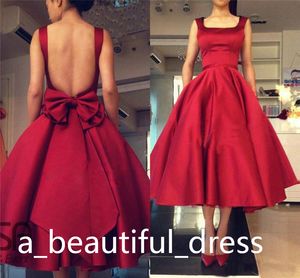 Cheap Red Puffy Skirt Graduation Homecoming Dresses Backless Evening Gowns Tea Length Cocktail Gowns With Big Bow Back GD7795