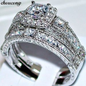 Choucong Vintage Promise Ring Set 925 Sterling Silver Princess Cut 5A CZ Engagement Bröllop Band Ringar för Kvinnor Smycken Gift