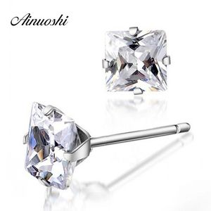 100% 925 Real Sterling Silver Earring Fyra Claws Cubic Zirconia Square Princess Cut Smycken För Kvinnor Män Square Stud Örhänge Y200106