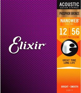 1 conjuntos Elixir 16077 Nanoweb Phosphor Bronze Light-Medium Guitar Strings 12-56