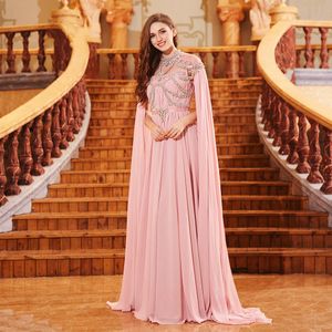 Carne rosa muçulmano vestidos de noite a linha ilusão alta pescoço cristal chiffon islâmico dubai kaftan árabe saudita longo vestido de noite