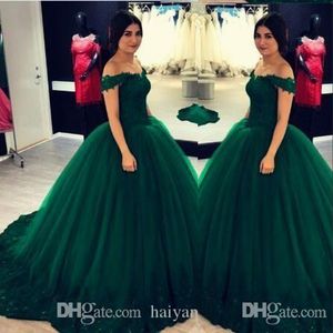 Dark Green New Off Shoulder Ball Gown Quinceanera Dresses Lace Appliques Crystal Beaded Sweet 16 Plus Size Party Prom Dress Evening Gowns s