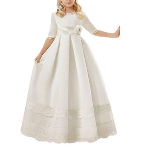 Sevimli Beyaz Yarım Kollu Dantel Kızlar Pageant Elbise Gül A-Line2019 Ucuz Kız Communion Elbise Çocuklar Örgün Giyim Çiçek Kız Elbiseler için düğün