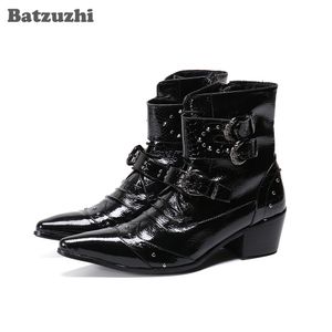 Batzuzhi Western Handsome Men Boots Siate Toe Black Leather Boots Buckles 6.5cm Buty Motocyklowe Mężczyźni Party and Business