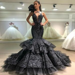 Sexy Black Trumpet Evening Dresses Sleeveless Ruched Puffy Tiered Ruffles Dubai Arabic Prom Party Gowns Special Occasion Dress Custom Made