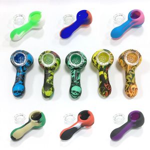 Tubo in silicone a forma di cucchiaio da 3 '' con pezzo di ciotola in vetro per tabacco Mini pipe da fumo per erbe secche, bruciatore a olio colorato infrangibile