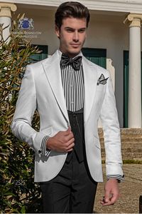 Smoking da sposo bianco Risvolto a punta Smoking da sposo Groomsman Moda Uomo Formale Business Prom Dinner Abito da 3 pezzi (giacca + pantaloni + cravatta + gilet) 26