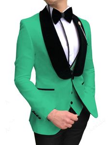 Fashion Green Groom Tuxedos Black Velvet Lapel Men Wedding Tuxedos Men Jacket Blazer Excellent 3 Piece Suit(Jacket+Pants+Tie+Vest) 831