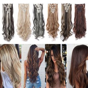24inch Wavy 18 Clips in False Hair Styling Natural Synthetic Hair Extensions Hairpiece Extension hair for women