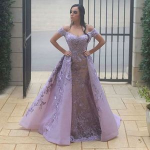 Light Purple Mermaid Evening Dresses with Detachable Train Off the Shoulder Lace Appliqued Evening Gowns Arabic Dubai Prom Dress