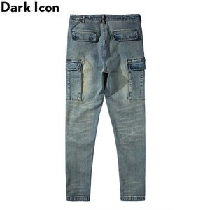 Jeans masculinos de lavagem escura vintage homens skinny bolsos lado spandex spandex calças