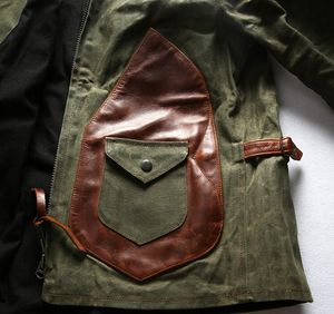 Army Green Men Stand Collar Slim Fit Vintage Jacket Oil Wax Canvas Top Layer Läder Stitching Jacket