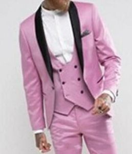 New Fashion Pink Slim Fit Groom Tuxedos Black Shawl Lapel Groomsmen Mens Wedding Dress Excellent Man 3 Piece Suit(Jacket+Pants+Vest+Tie) 605