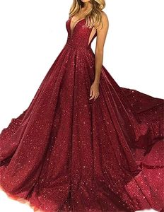 Spedizione gratuita Rosso Splendido Oro rosa Paillettes Abiti da ballo Scollo a V Scintillanti Paillettes A-line Backless Prom Abiti da festa Robe De Soiree