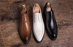 2020White black brown Men Fashion Dress Leather Shoes List-Up Wedding Party Shoes Mens Business Office Oxfords Flats