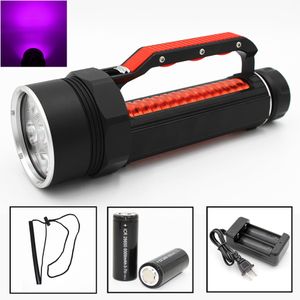 Ultra Violet Diving Flicklampa 4 6 UV LED Vattentät 395nm 1800 Lumens Lila Ljus Torch Linterna med 26650 Batteriladdare