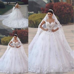 Casamento sexy sem costas vestidos de bola de renda Applique de mangas cobertas feitas com tampa plus size vestido de noiva Chape Trem vestido de novia