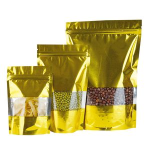 Golden Stand up aluminium foil bag with clear window plastic pouch zipper reclosable Food Storage Packaging Bag LX2721