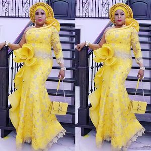 Aso Ebi Yellow Mermaid Evening Dresses With Long Sleeves Plus Size Prom Dress Ruched Formal Lace Party Gowns Custom Made Vestidos313A