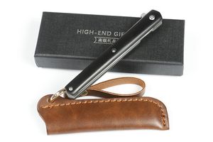 Specjalna oferta Flipper Składany Nóż 440C Point Drop Satin Blade drewniane noża łożyska kulki ze skórzaną osłoną