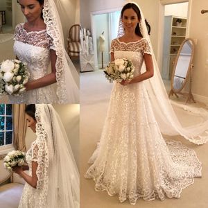 Charming Short Sleeves Lace Wedding Dresses Sheer Bateau Neck A Line Plus Size Bridal Gowns Sweep Train robe de mariée