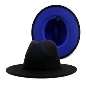 Czarny z niebieskim dnem patchwork Panama wełny filc jazz fedora kapelusze kobiety mężczyźni szeroki brzeg patry kowbojska trilby hazardzista kapelusz z klamrą pasa