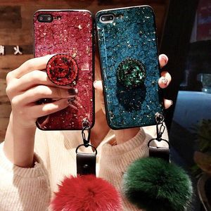 Glitter Sparkle Gold Foil Marble Diamond Holder Söt päls Boll Pendant Thin Silicone Phone Case Cover för iPhone 6 7 8 Plus XS Max XR